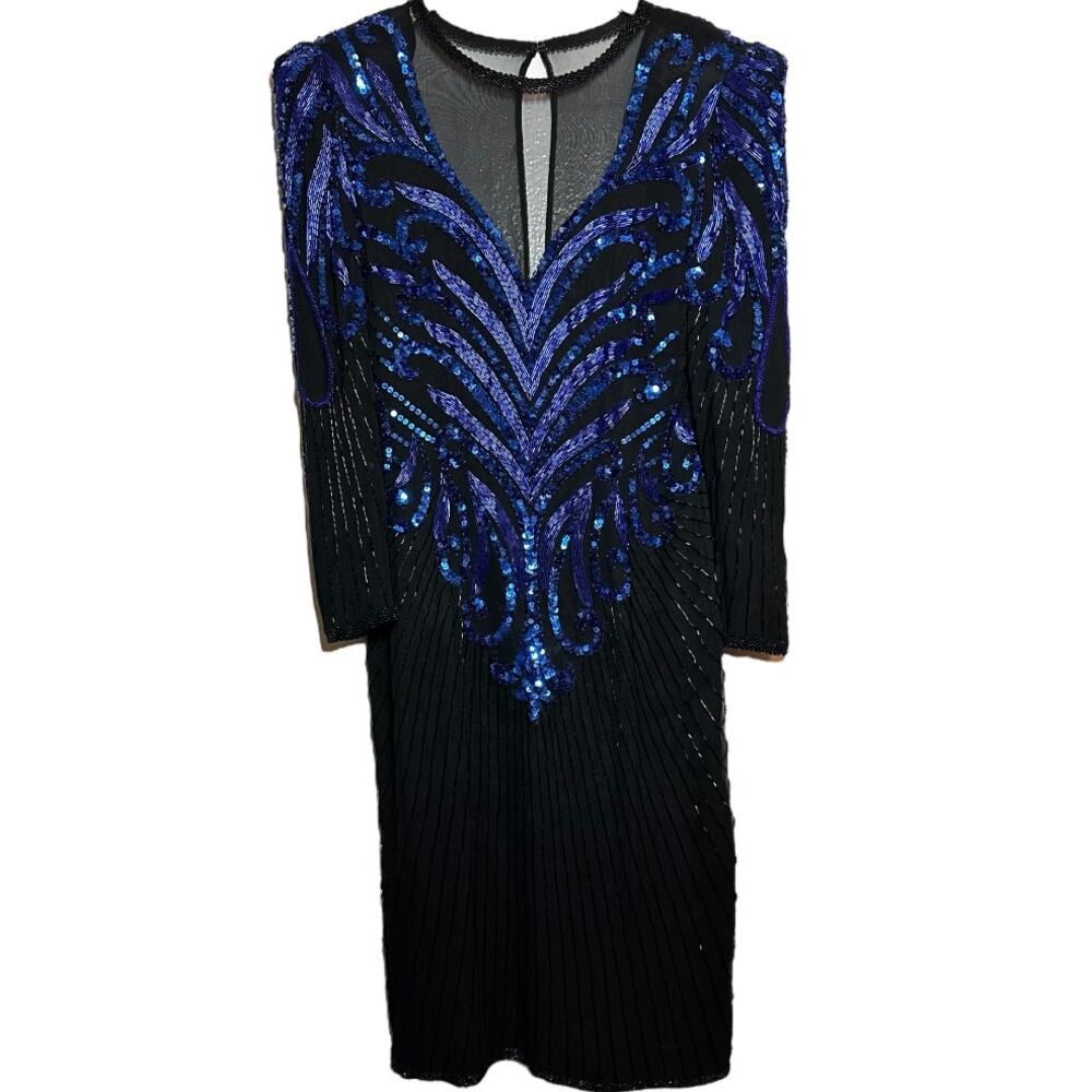 Vintage A.J. Bari Dress Sequin Beaded Evening 80s Slit Zip Closure Blue Black 6